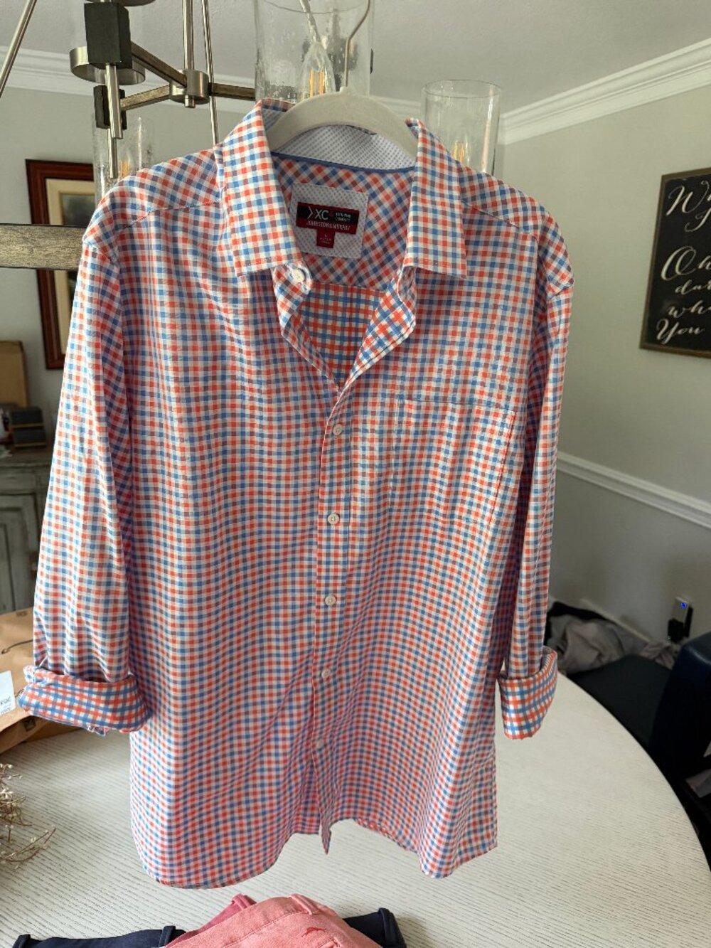 Johnston & Murphy XC4 Extreme Comfort Shirt Orange Red Blue Gingham Men's L
